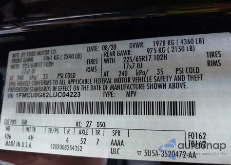 2020 Ford Escape Se из США, поврежденный, VIN 1FMCU0G62LUC04223